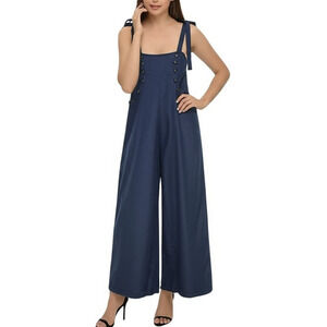 SHEIN Womens Jumpsuit Size L Dark Blue Wide Leg Tie-Shoulder Denim Casual‎